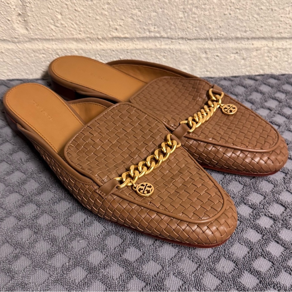 Tory Burch Mini Benton Woven Leather Loafer Mules Tan Size 11